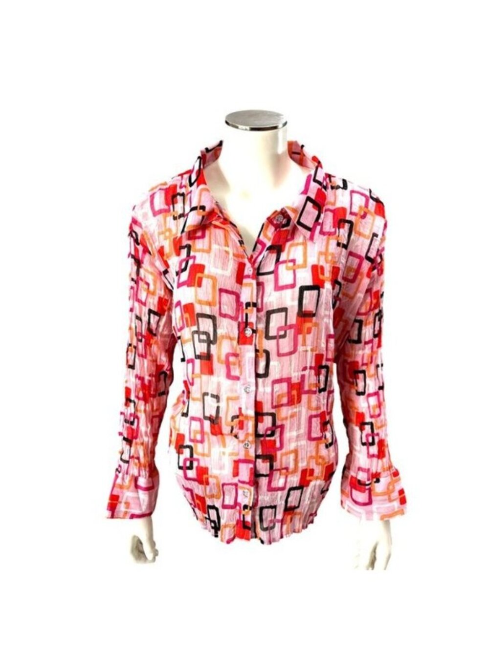 Essentials By Milano XL Pink Geometric Button Up Blouse Retro Cityworkcore Y2K - Picture 2 of 12